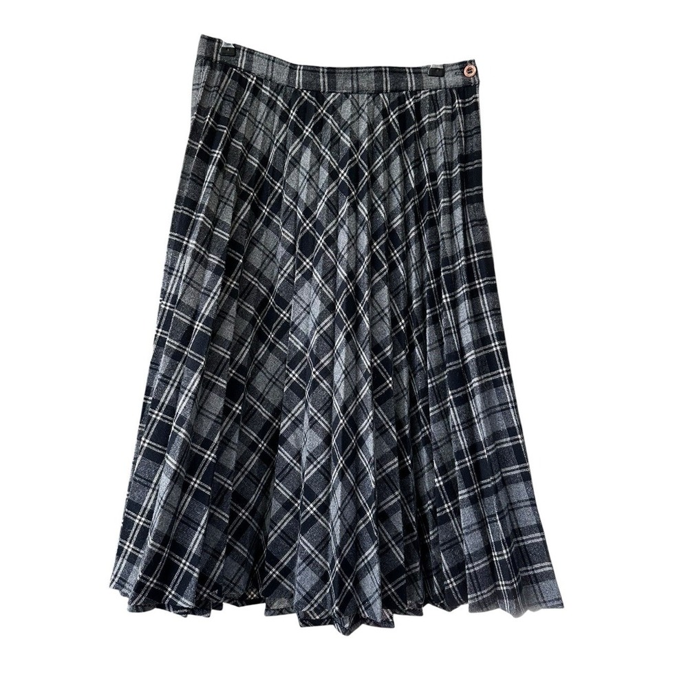 Vtg Hannington Wool Plaid Pleated A-Line Skirt Size S Black Gray Dark Academia